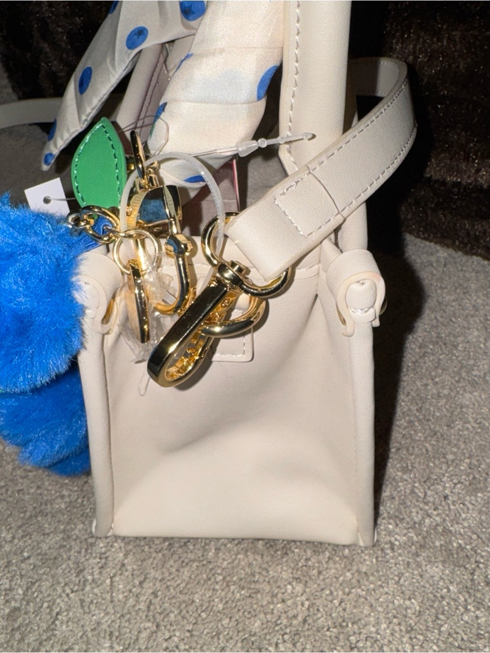 Betsey Johnson White and Red Stripe Mini Top-Handle Bag with Blue Pom Charm - Picture 3 of 11